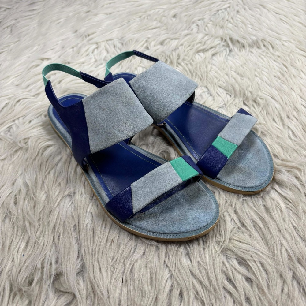 Kelsi Daggar Women's 7.5 Blue Patchwork Sling Back Sandals Boho Resort Artsy